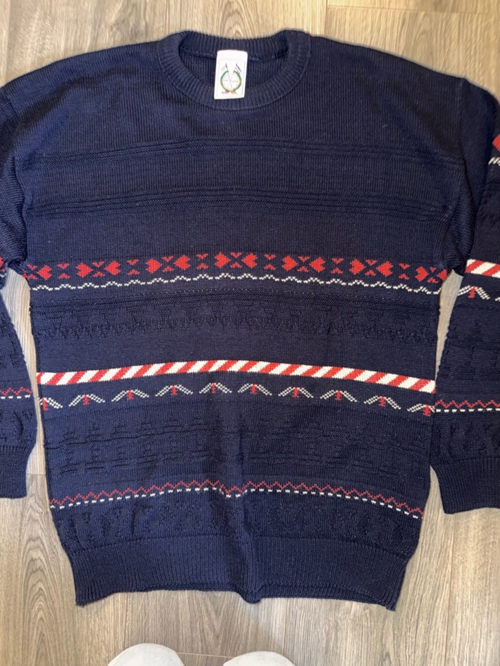 Unique “Made in Scotland” Saint Lazare Navy Patterned Crewneck Unisex Sweater